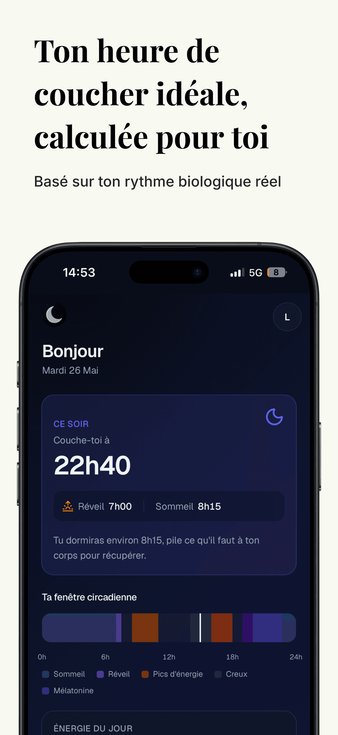 L’écran d’accueil de SmartSleep affichant l’heure de coucher idéale et la fenêtre circadienne