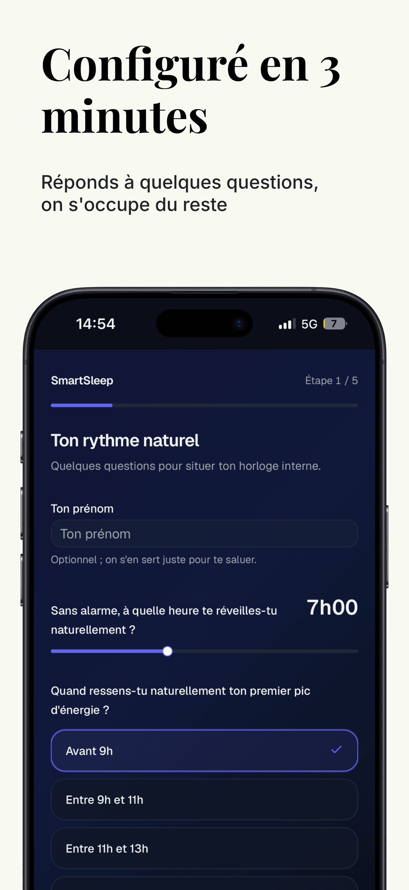 L’écran d’onboarding de SmartSleep avec ses quelques questions